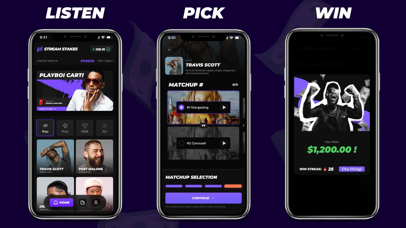 StreamStakes app interface showcasing the three-step process: discovering new music, making song predictions, and winning cash prizes.